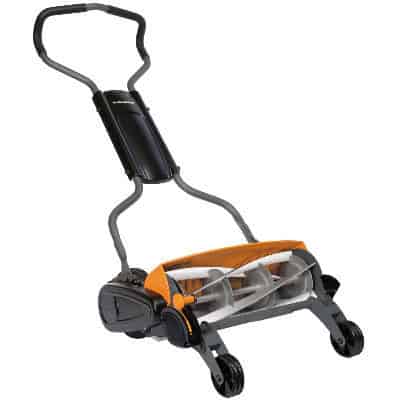 This Reel mower which is made by Fiskars is best manual lawn mower available but it the one expensive push lawn more we have reviewed. It has lots of advanced features not seen on other mowers which make it easy to use. These include easy to change cutting height, folds down in seconds to a compact size for easy storage. Made from only the best materials. It is also one of the only push mowers that will cut long grass and cut through weeds and small sticks when other mowers would jam. Fiskars 113880 Momentum Reel Mower