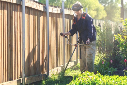 Petrol strimmer being used against fence