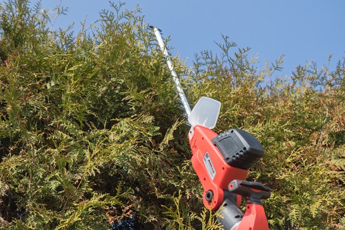 Long reach cordless hedge trimmer being tested for performance