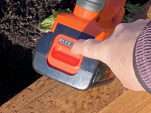Battery level indicator on 36v battery of Black + Decker cordless tool
