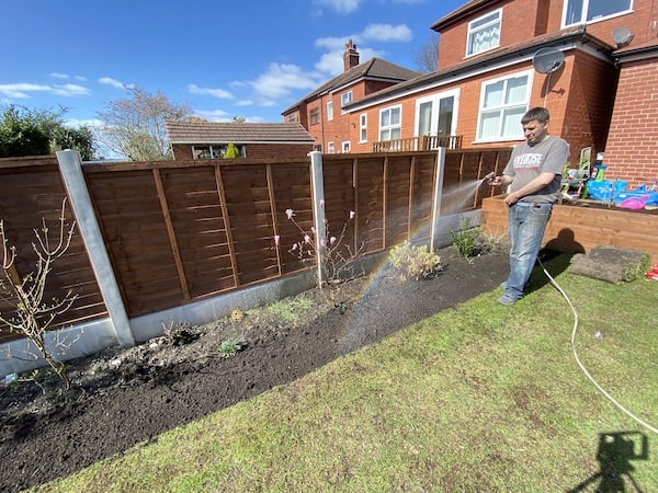 Watering in the fertiliser before laying turf on top