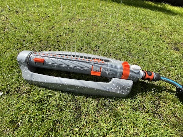 The metal Costwise Pro Oscillating Bar Sprinkler has plenty of setting to fine tune watering area