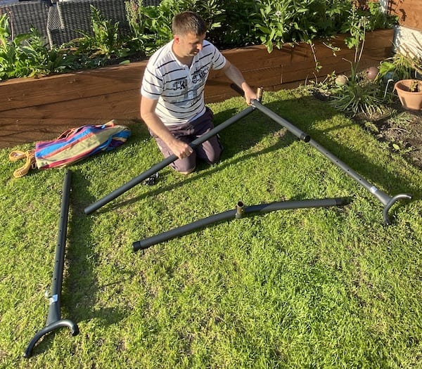 Building the hammock frame - attaching legs to centre bar