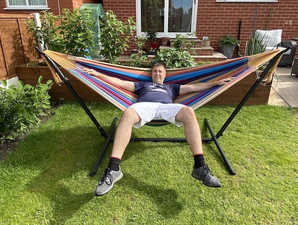 Me relaxing on the Vivere garden hammock