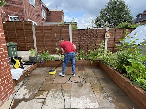 Cleaning Indian Stone Patio with T5 surface cleaner that comes with Karcher K5 Premium Smart Control Home pressure washer