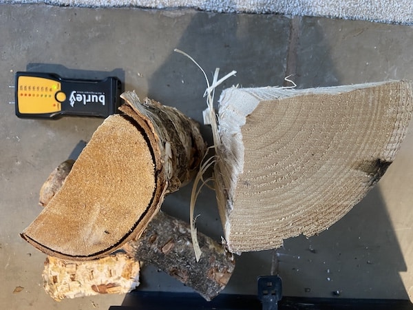 Firewood ready to burn with clear rings, peeling bark
