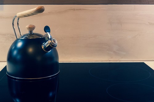 kettle with a whistle standing on an induction hob during testing