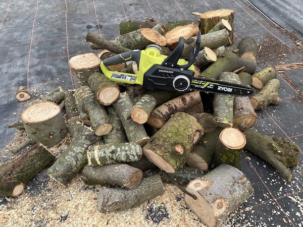 How many logs the Ryobi cordless chainsaw was able to cut from a single charge using a 5Ah battery