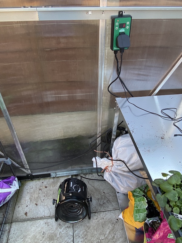Palma greenhouse heater plugged into the Thermo2 digital thermostat
