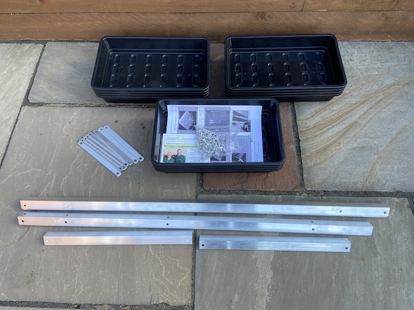 Tibshelf Garden Products Greenhouse Staging before assembly