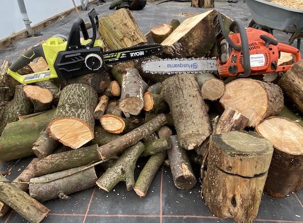 comparing my Ryobi 18v cordless chainsaw and petrol chainsaw
