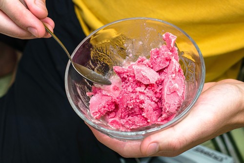 testing cherry ice cream which has been made with a home made ice cream maker  
