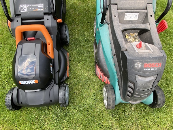 Both the Worx cordless mower (left) and Bosch 37Li (right) - both great mowers