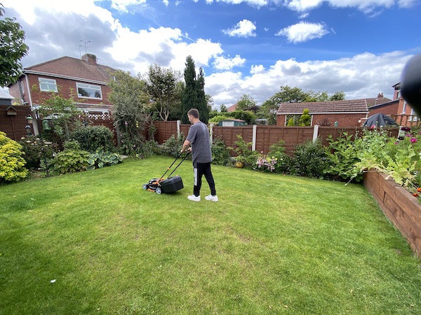 My 64 square meter garden being cut with a Worx 30cm cordless lawn mower