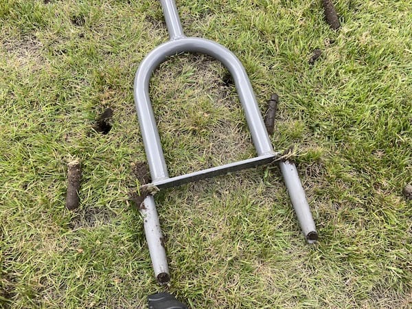 Hollow tine aerator is used to remove cores from the lawn so that feed can get to the roots