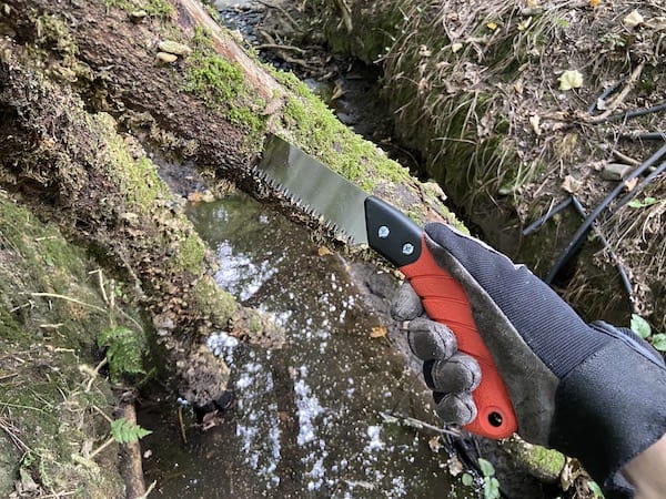 cutting through thick branches to clear bruck of fallen tree