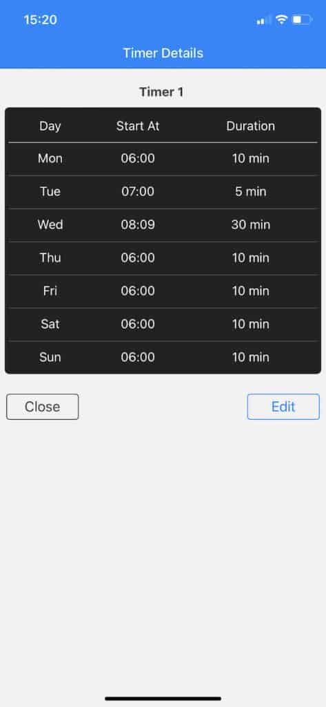 Calendar Mode - Watering on specified calendar dates
Month Mode - Waters plants every day on specified months
Interval Mode - Cycles on an interval day basis
Odd-Even Day Mode - Activates on either odd or even days
7-Day Mode - Weekly schedule