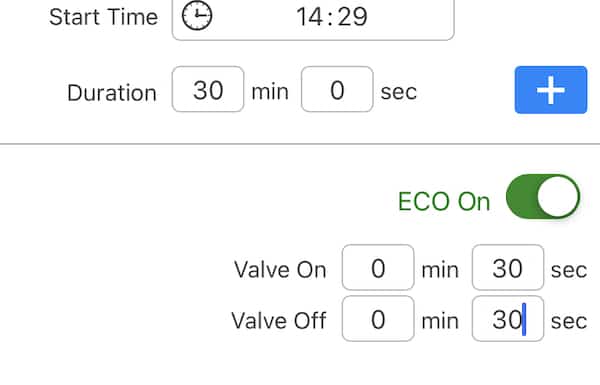 Eco mode allows you to stop and start watering to help prevent runoff