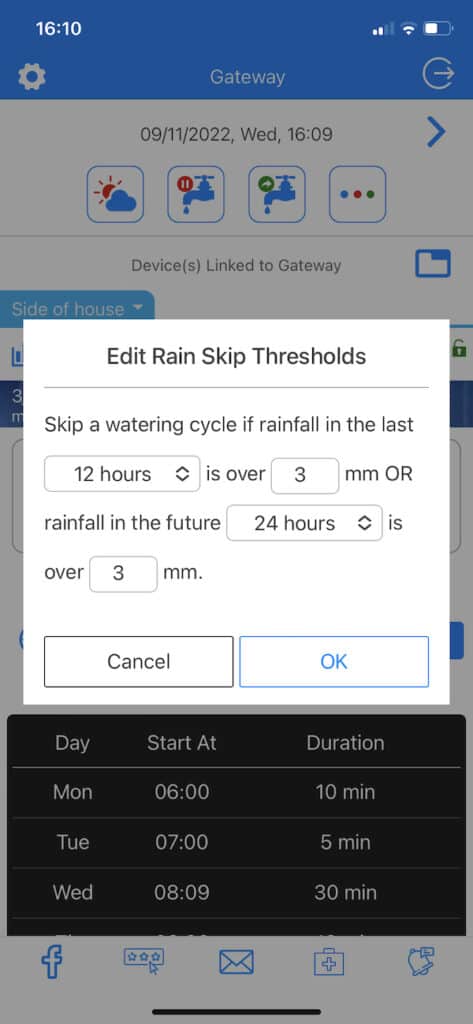 Rain skip setting to skip watering if rain is forcasted