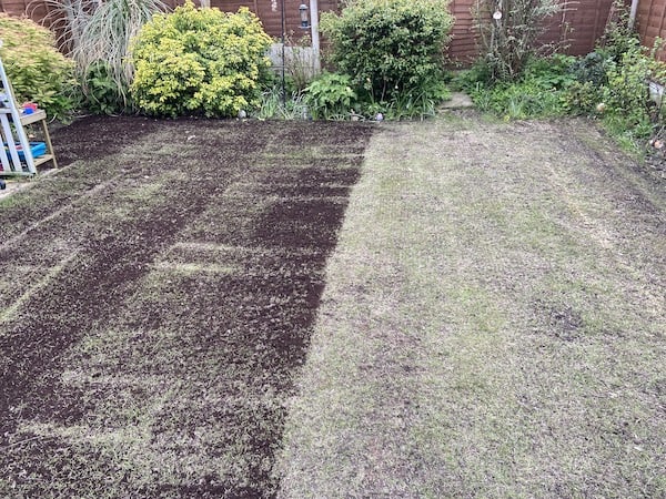 Side by side comparison after using the Walensee 24-inch Compost Spreader, I usually light rake the soil afterwards just to spread it out a little more