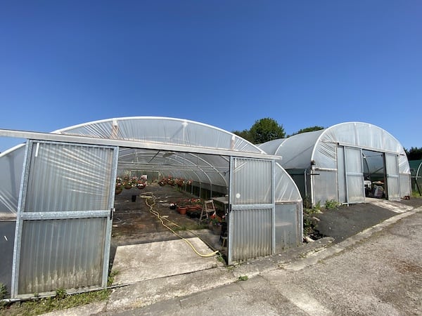 Two of my polytunnels with air vents and sliding steel and plastic doors