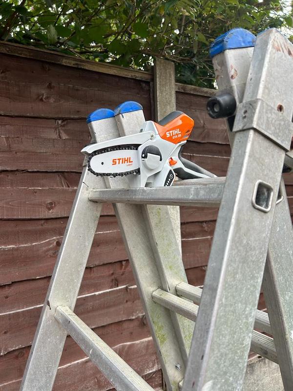 I used my STIHL GTA 26 Mini Chainsaw to cut back some overgrown branches before inserting new fence panels for a client. This is what is perfect for, jobs that take 10 minutes and are easier than using loppers or using a large chainsaw