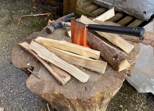 Using the Forest Master steel kindling splitter to make kindling